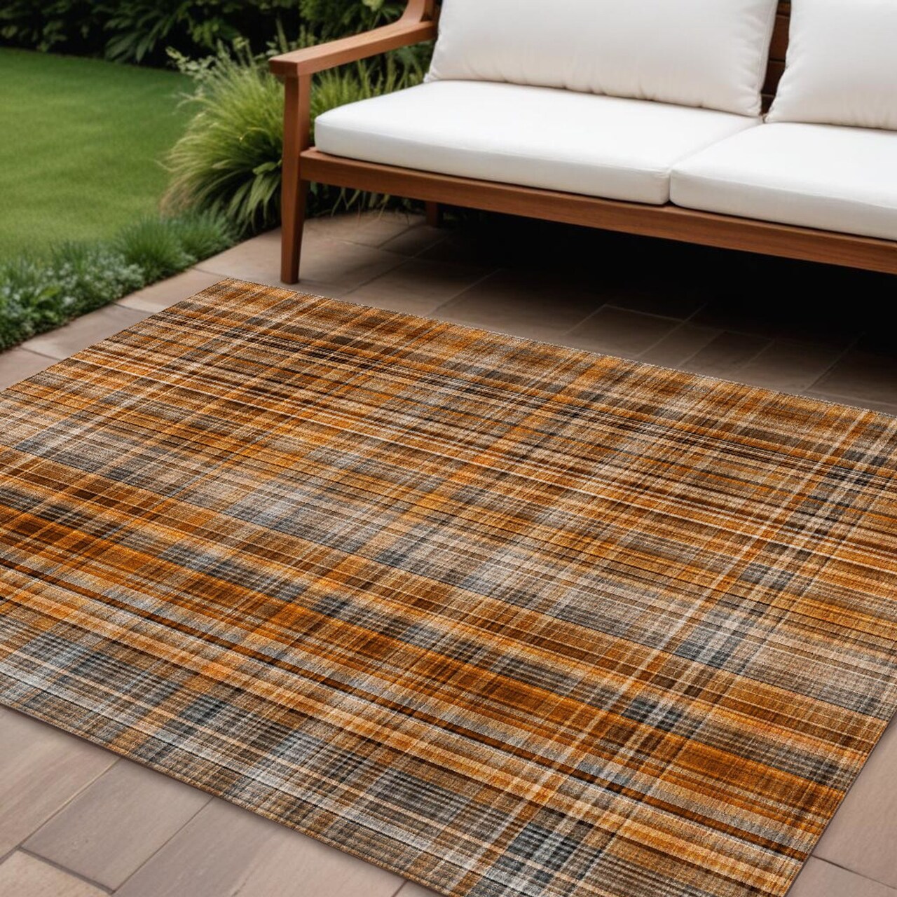 Edge Collections - 10' x 14' - Brown - Plaid Washable Non-Skid Area Rug for Indoor and Outdoor Use - 1 Piece